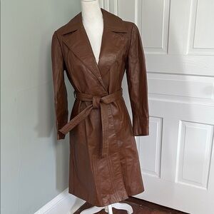 Vintage 1970s Women's Brown Belted 100% Leather Trench Coat Small Medium